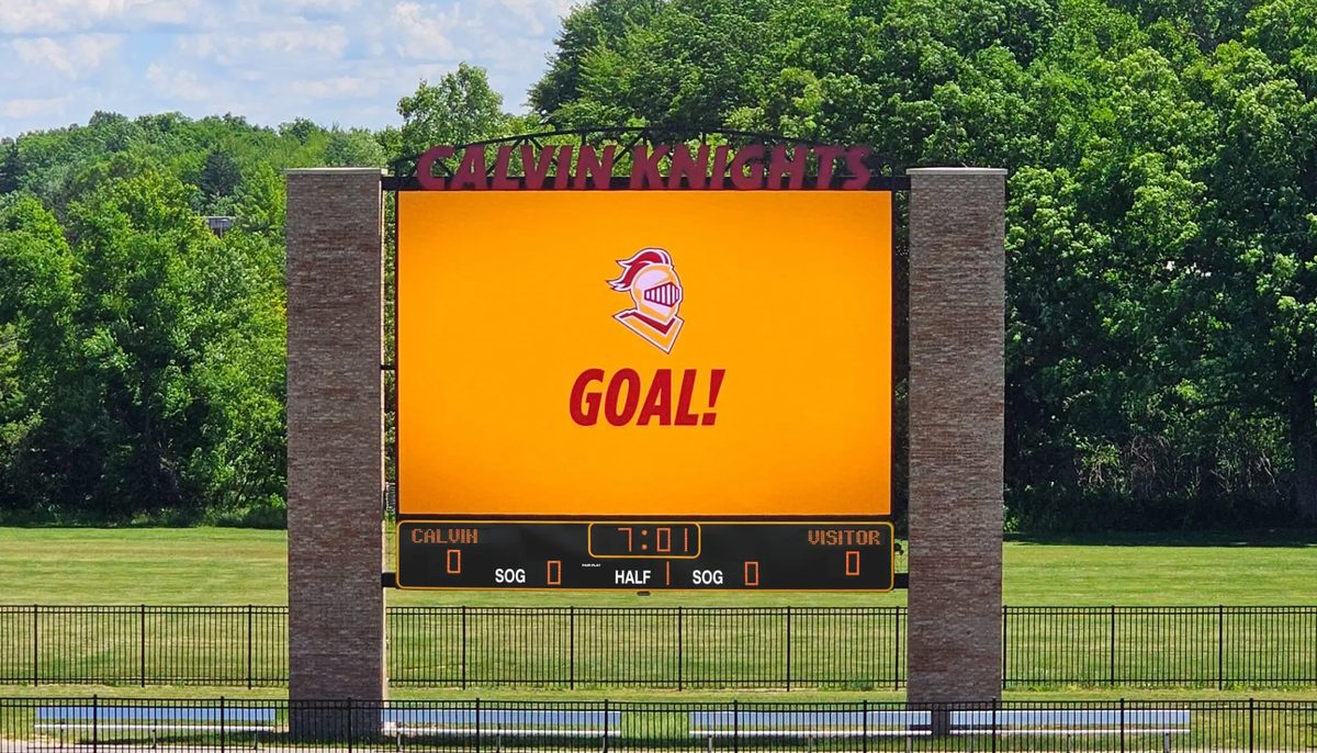 Calvin University LED video board and scoreboard showing GOAL!, Grand Rapids, MI