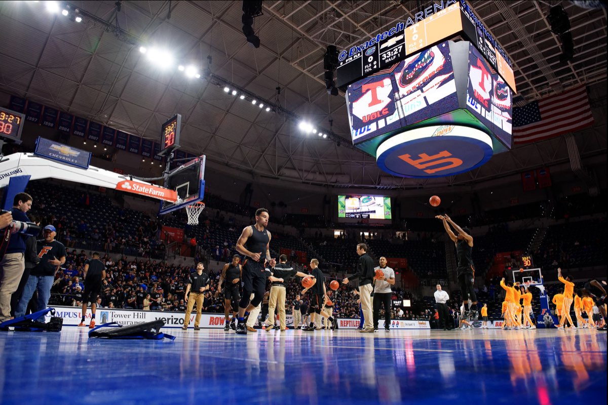 Center-hung LED video board over the court at Exactech Arena, University of Florida
