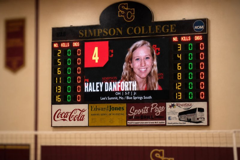 Fair-Play volleyball scoreboard with LED video display at Simpson College, Indianola, IA