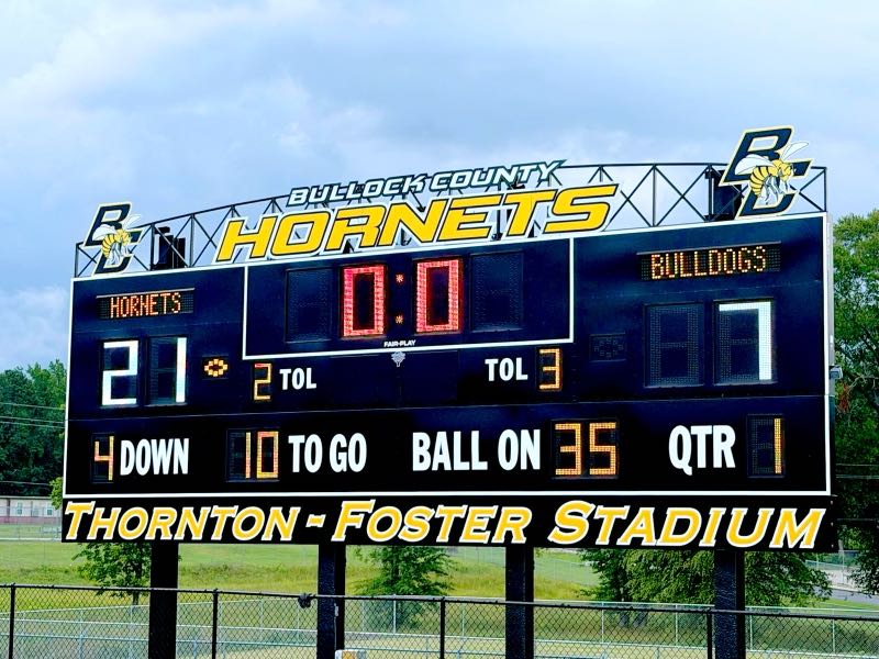 Bullock County High School football scoreboard at Thornton-Foster Stadium