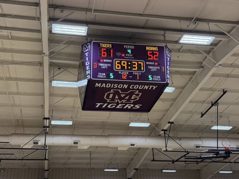 Madison County Tigers center-hung scoreboard