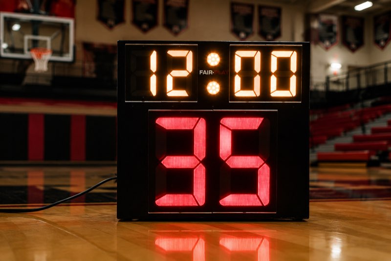 Fair-Play shot clock with game timer on a gym floor
