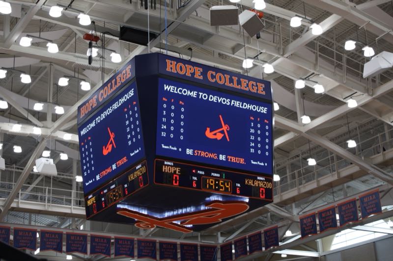 Hope College four-sided center-hung scoreboard in DeVos Fieldhouse