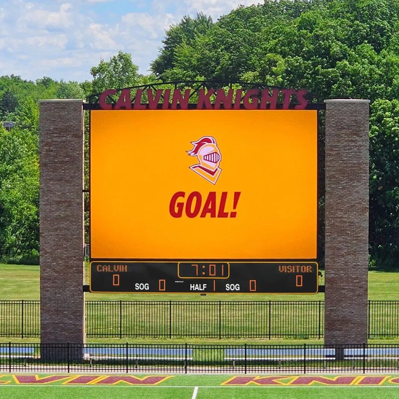 Calvin University LED video board and scoreboard showing GOAL!, Grand Rapids, MI